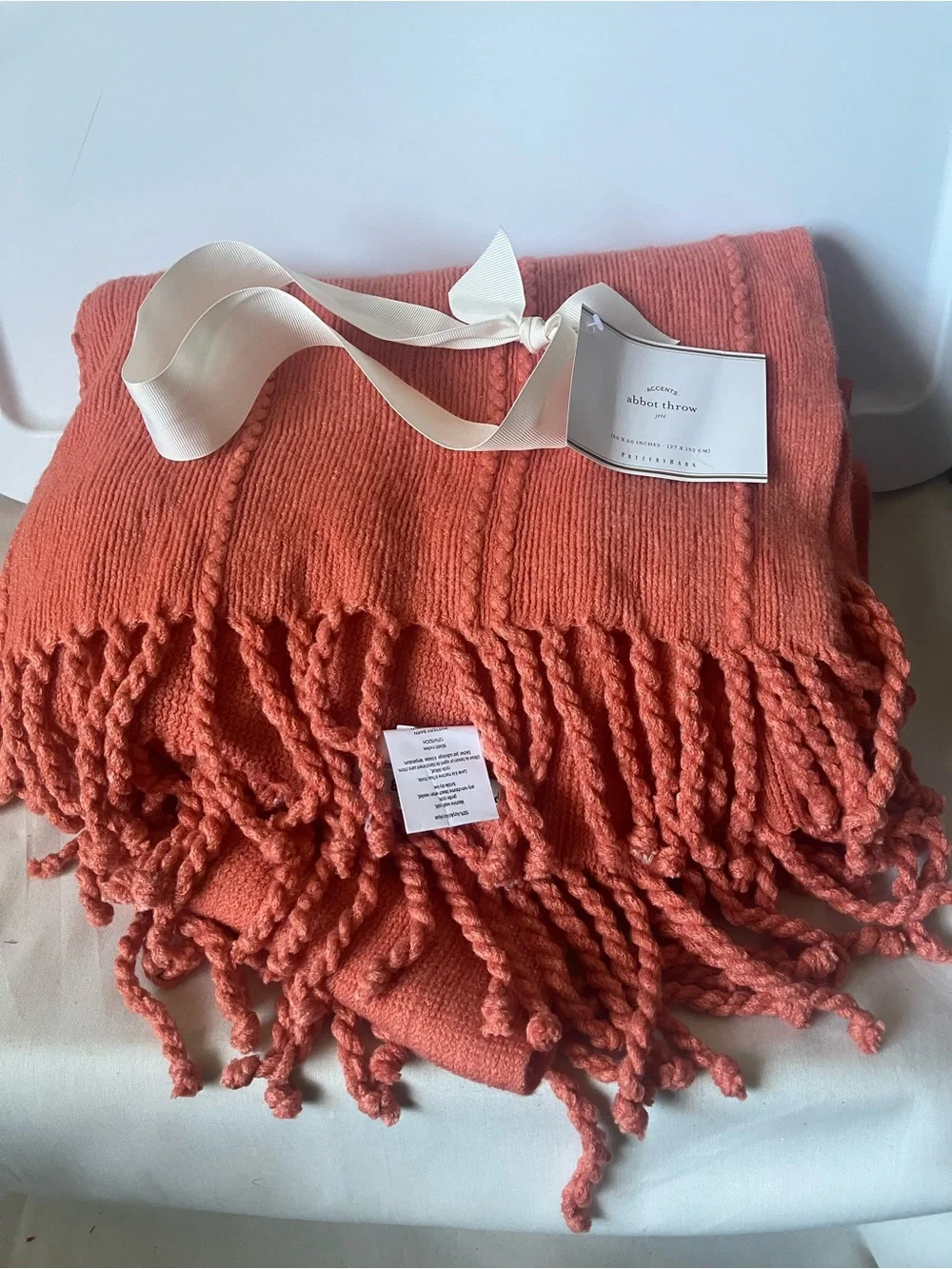 Pottery Barn Abbot Throw Blanket 50x60 Orange Terracotta Apricot Fall Knit NEW.